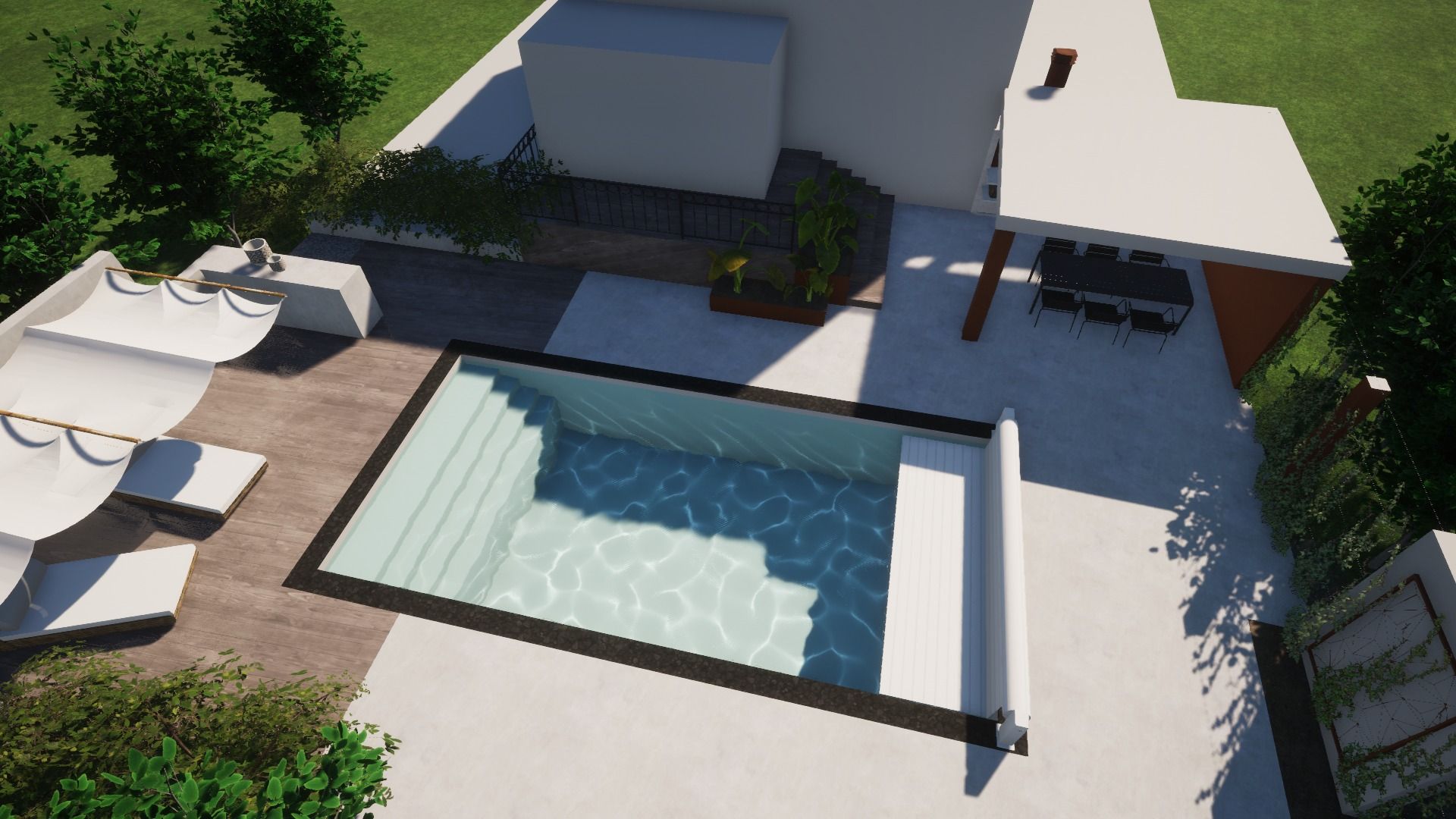 Vue 3D aérienne d'une piscine.