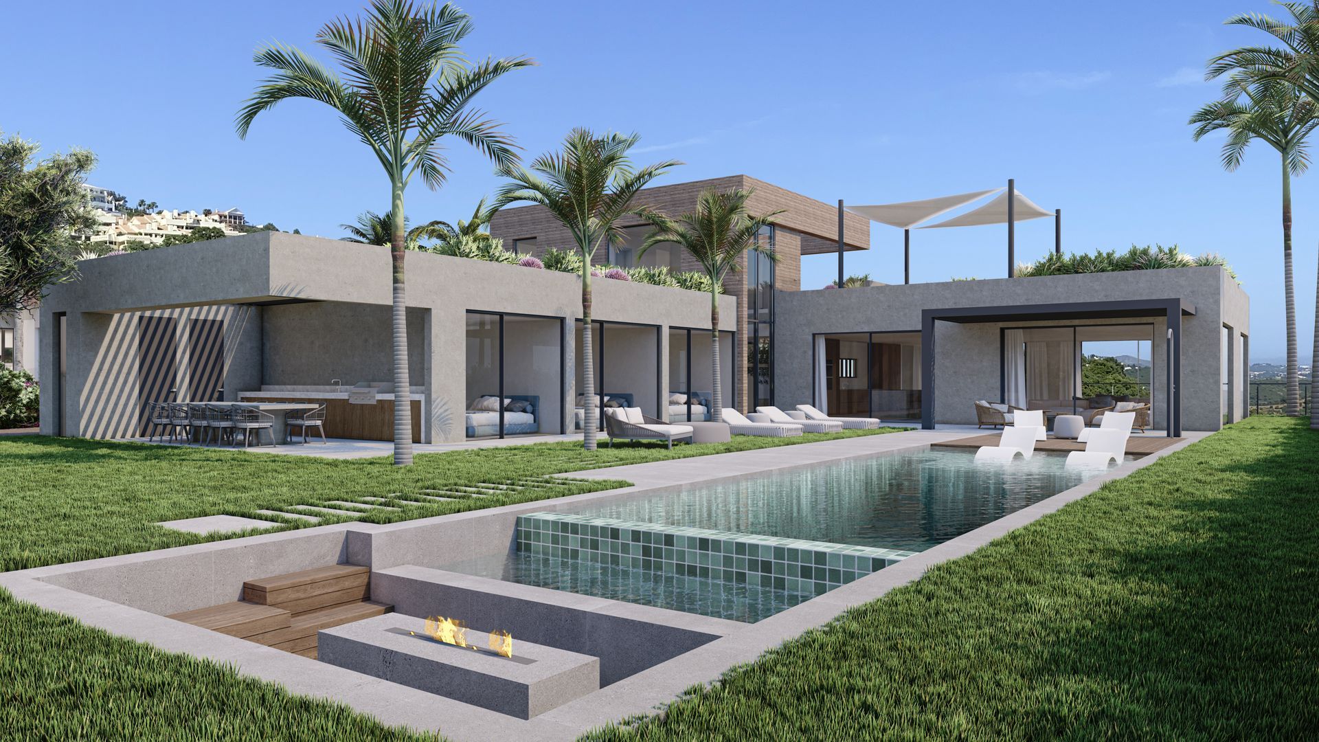 Impresión artística de una casa con piscina y fogata.