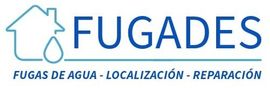 Logo for FUGADES featuring a house outline with a water drop, and text: FUGAS DE AGUA - LOCALIZACI&Oacute;N - REPARACI&Oacute;N in blue.