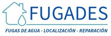 Logo for FUGADES featuring a house outline with a water drop, and text: FUGAS DE AGUA - LOCALIZACI&Oacute;N - REPARACI&Oacute;N in blue.
