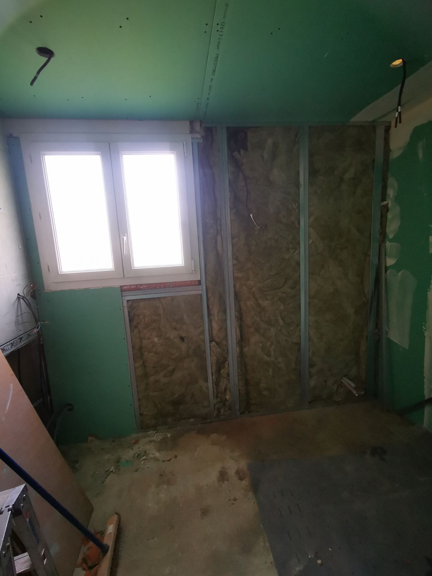 Pièce intérieure en construction, avec fenêtre, isolation, murs végétalisés et montants métalliques.