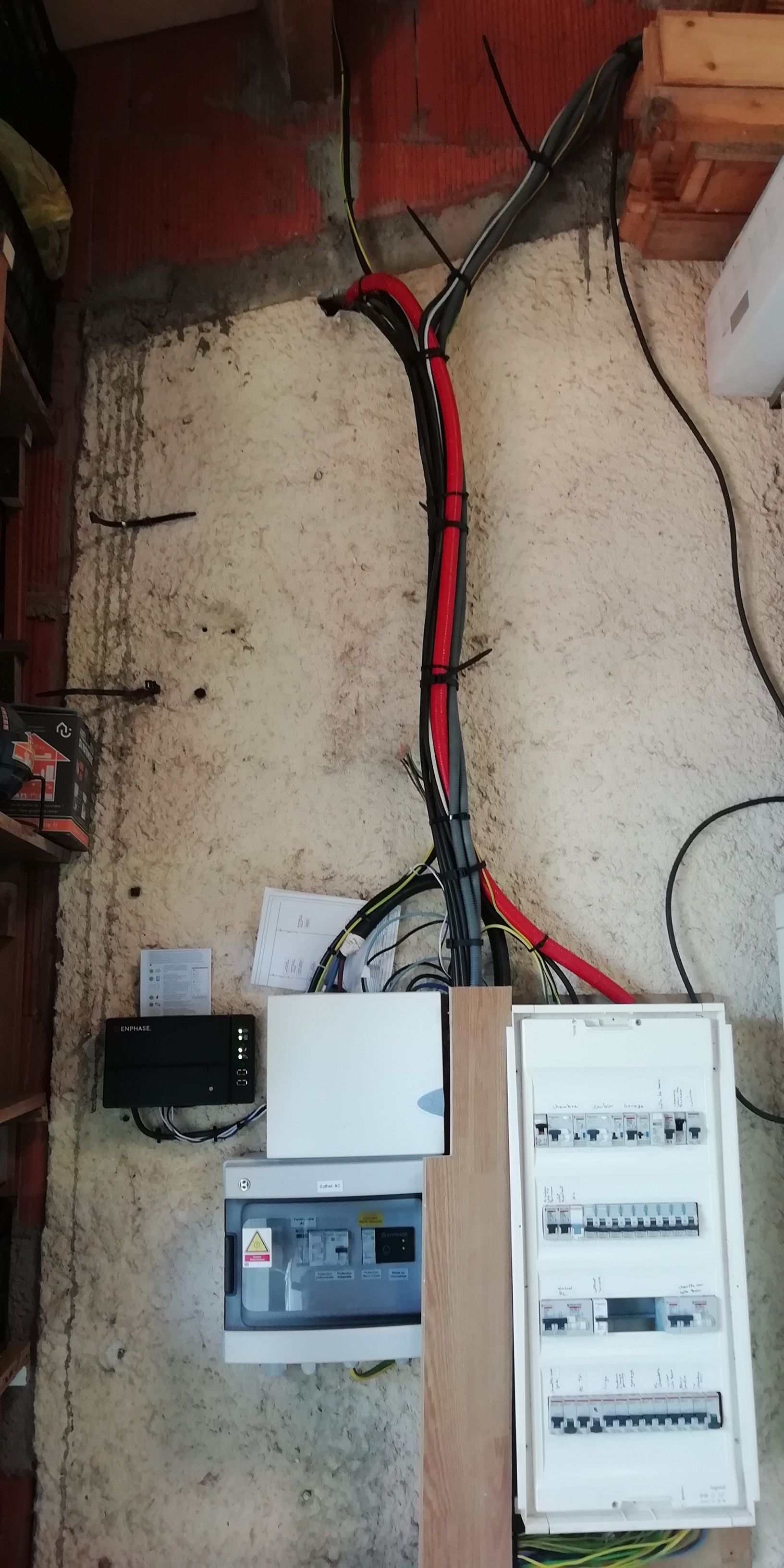 Tableau électrique et câblage sur un mur moucheté. Câbles rouges et noirs, boîtier noir, panneaux blancs et bois.