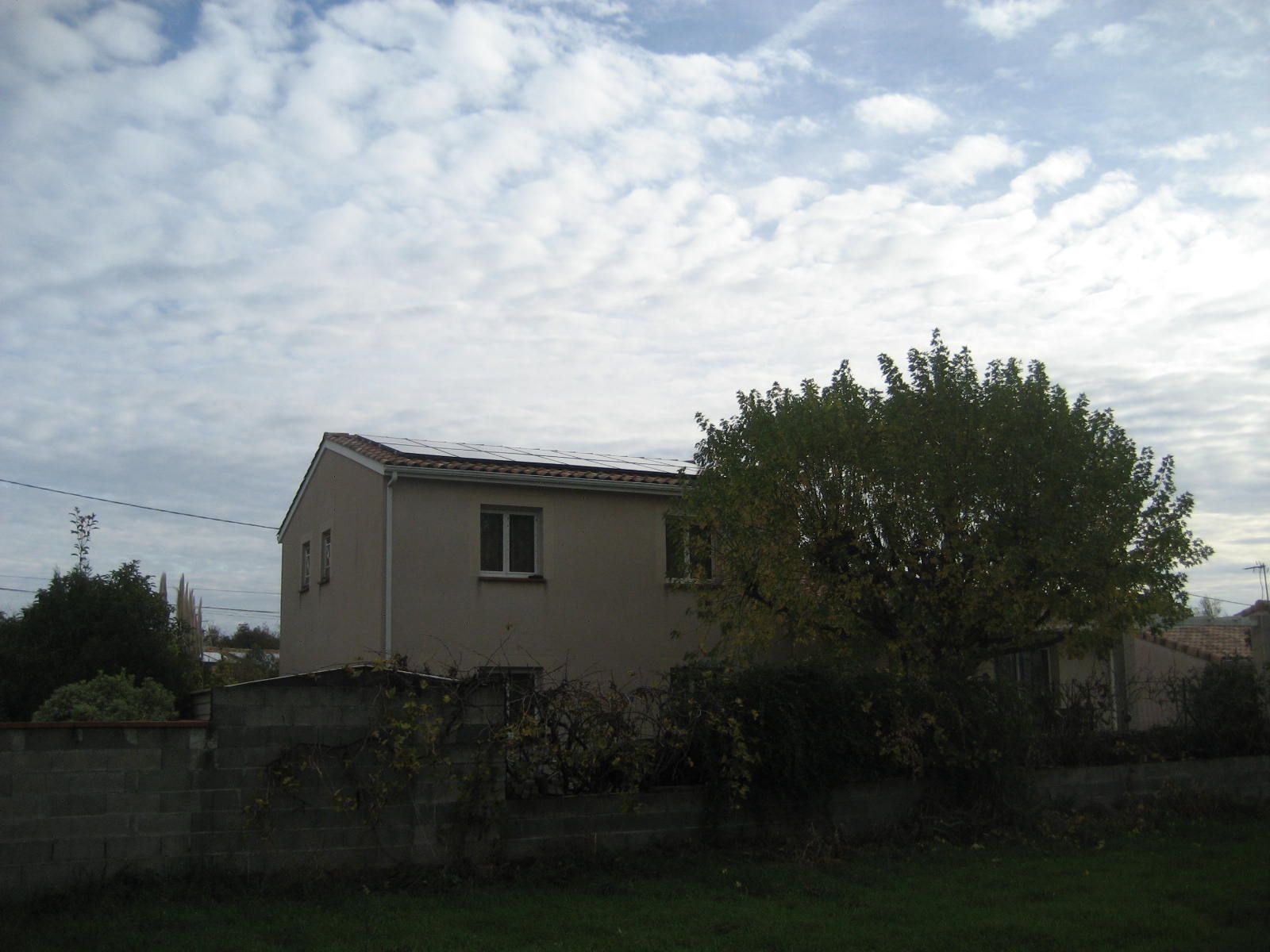 Maison beige avec deux fenêtres sous un ciel nuageux, obscurcie par un grand arbre et un muret de pierre.