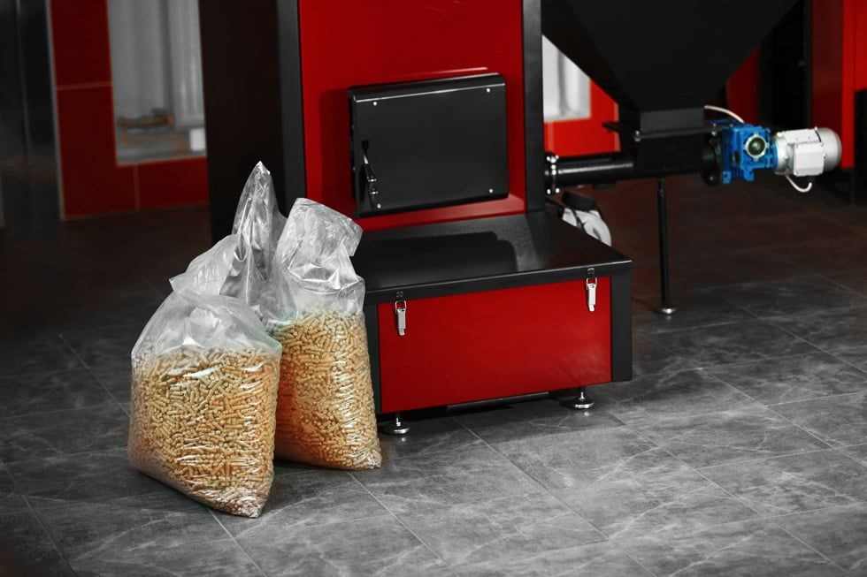 sacs de granulés et chaudière à bois