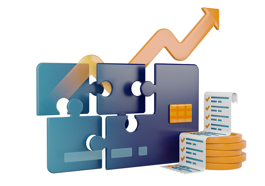 illustration d'une carte bleue découpée en puzzle et d'une flèche montante, exprimant les économies réalisées