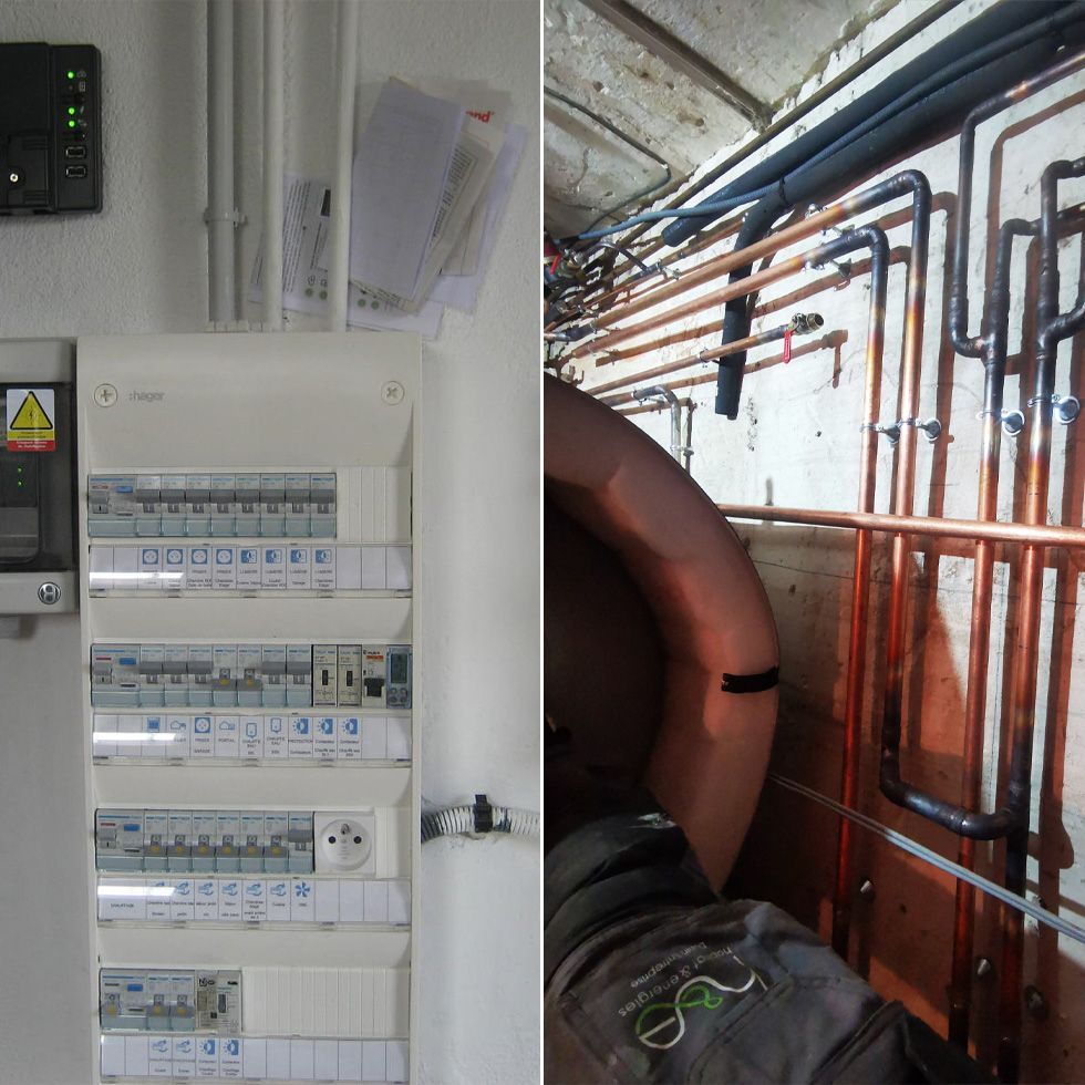 vue d'un tableau électrique et d'une installation de tuyaux de plomberie