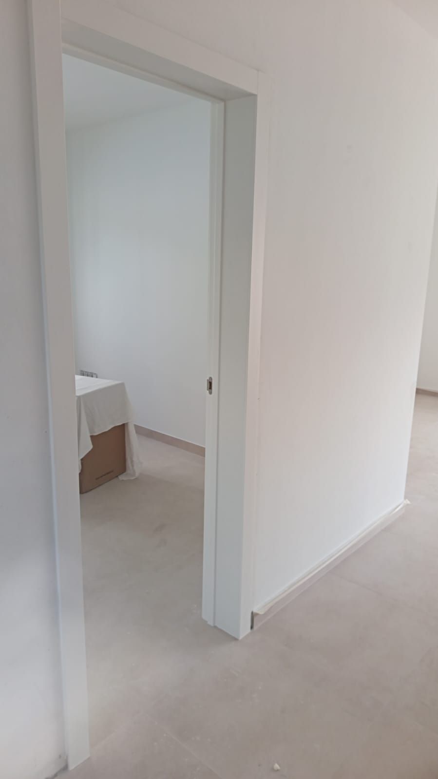Pasillo interior blanco con puerta abierta a una pequeña habitación y suelo alfombrado de color claro.