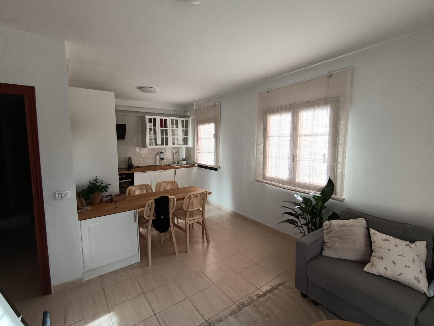 Luminoso salón con sofá gris, mesa de comedor de madera, rincón de cocina y ventanas soleadas.