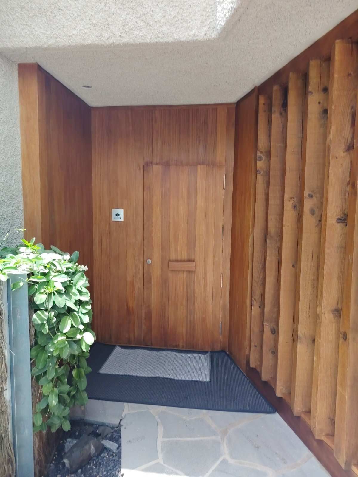 Entrada revestida de madera con una pequeña puerta de madera, suelo de piedra y una planta en maceta a la izquierda.