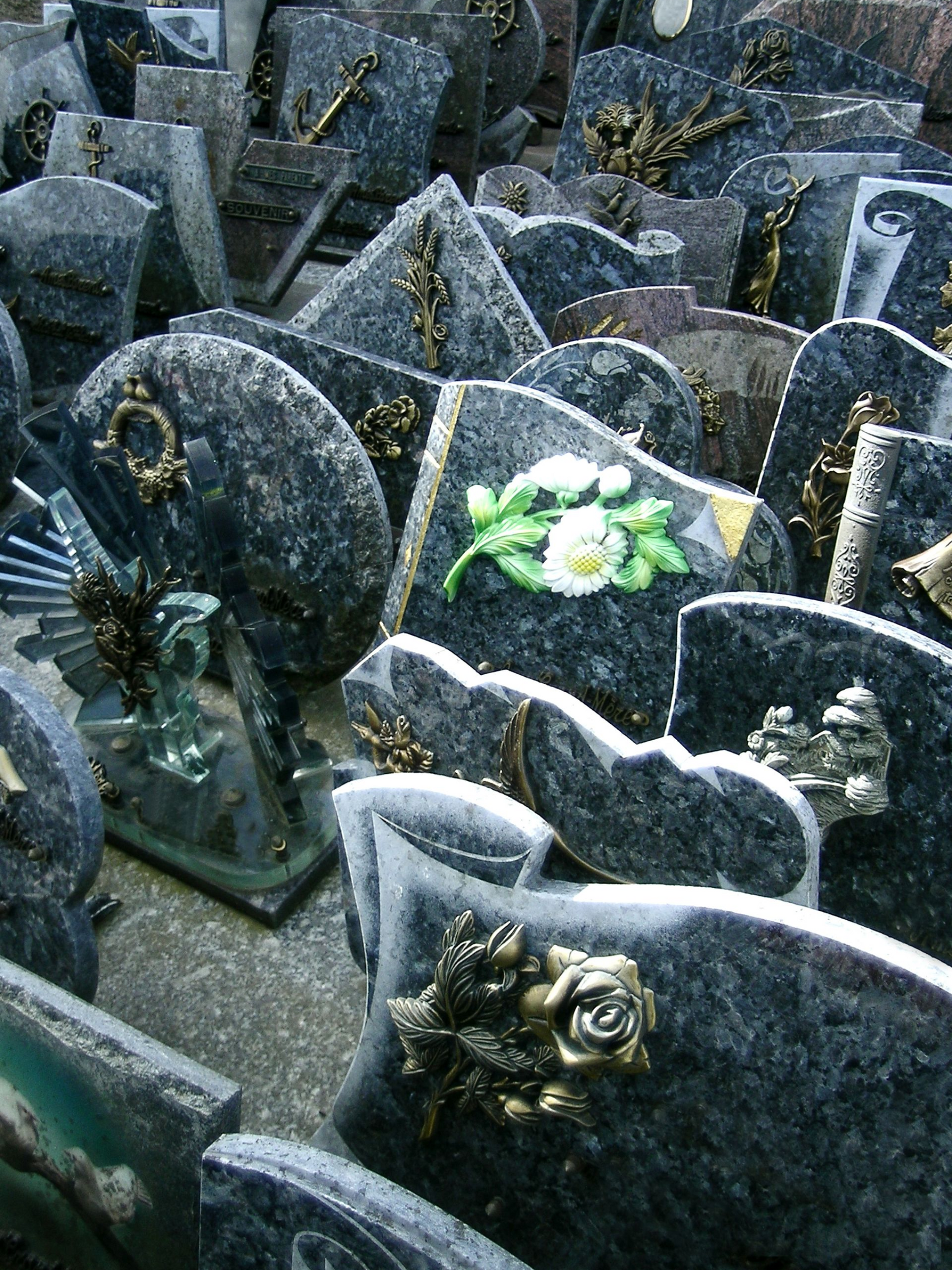 Des rangées de pierres tombales en granit sombre dans un cimetière, certaines décorées de fleurs blanches et jaunes.