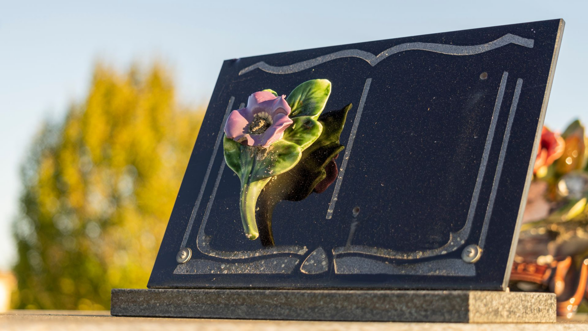 Plaque commémorative noire ornée d'un motif floral gravé, à l'extérieur, se détachant sur un fond flou d'arbres et de ciel.