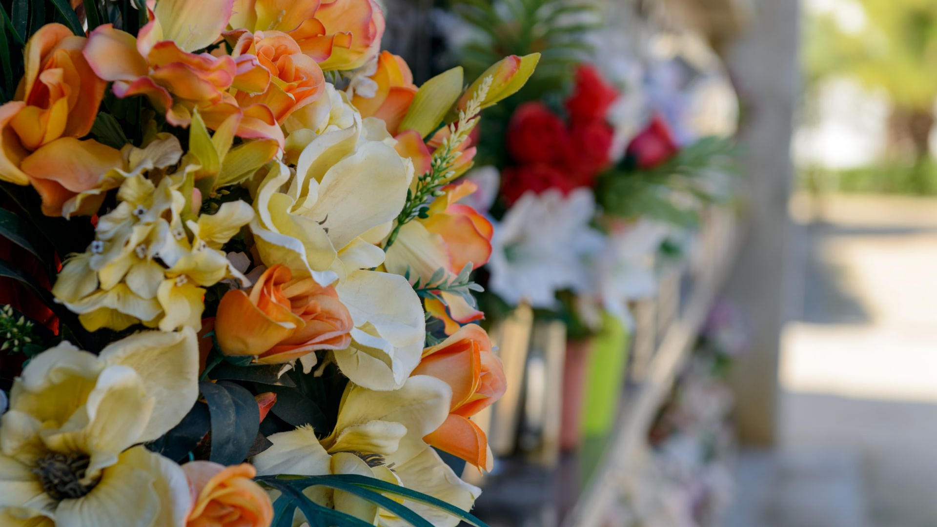 Des bouquets de fleurs colorés disposés dans une vitrine, avec d'autres fleurs floutées en arrière-plan.