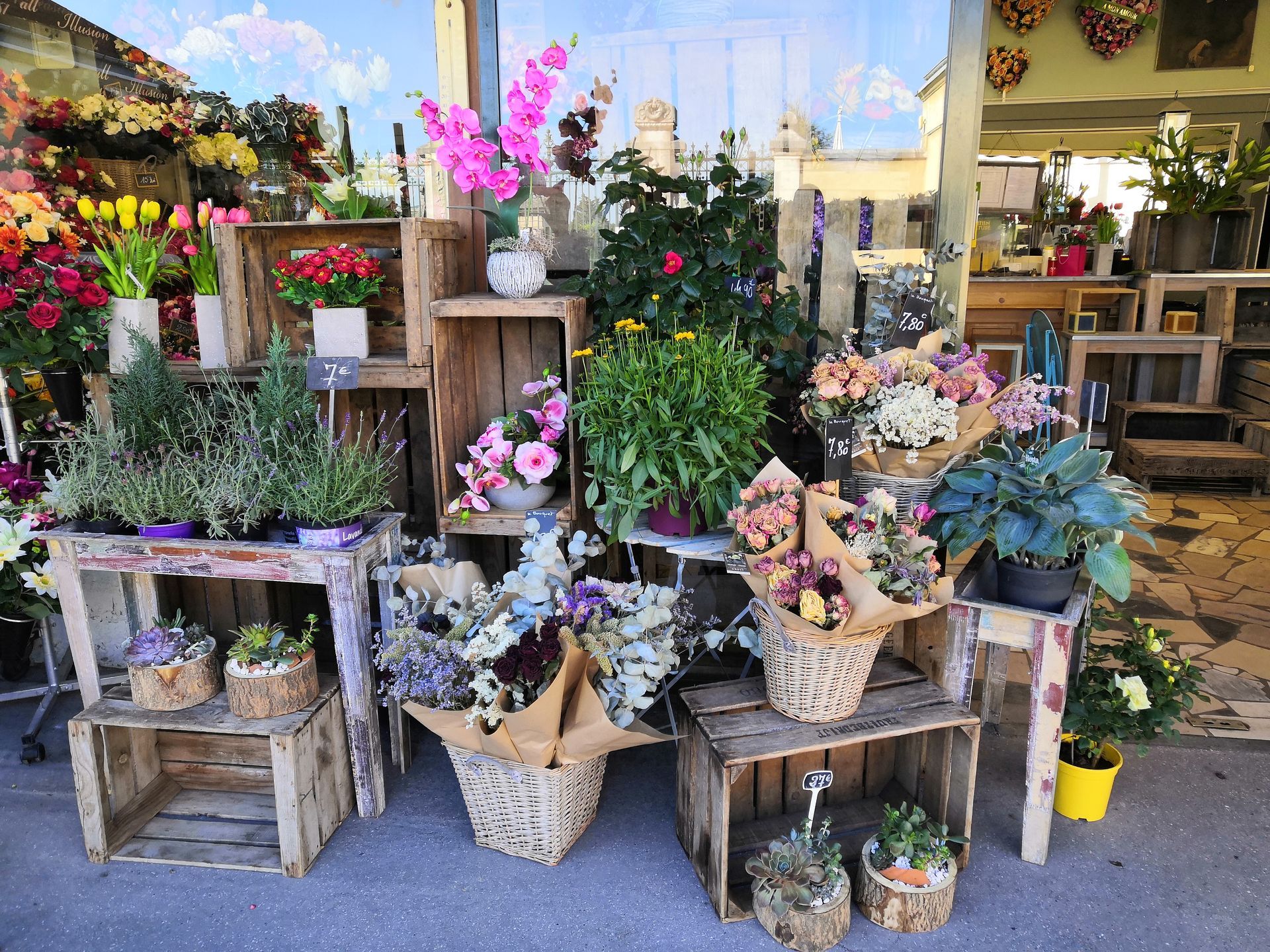 Présentoir de fleuriste avec orchidées en pot, plantes grasses et bouquets sur des caisses et des paniers en bois