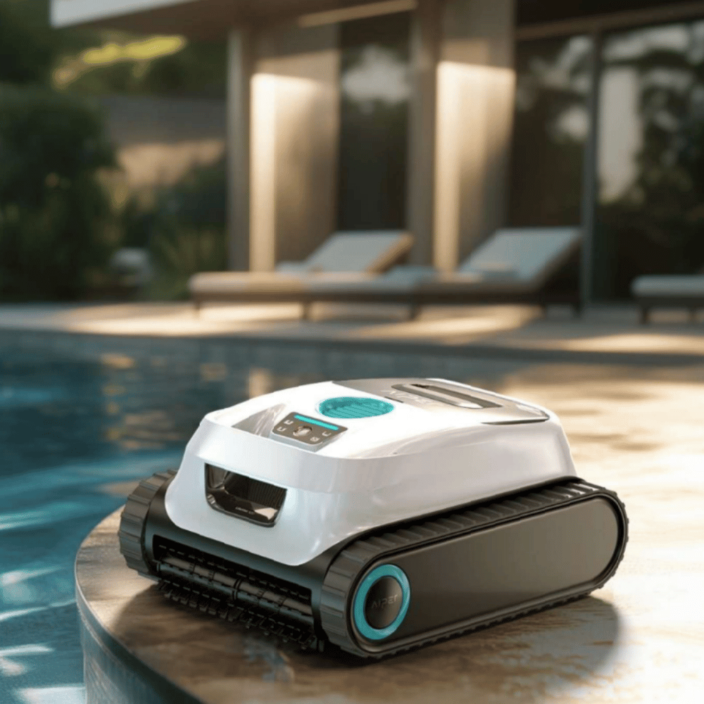 Mise en situation du robot de nettoyage à côté d'une piscine.