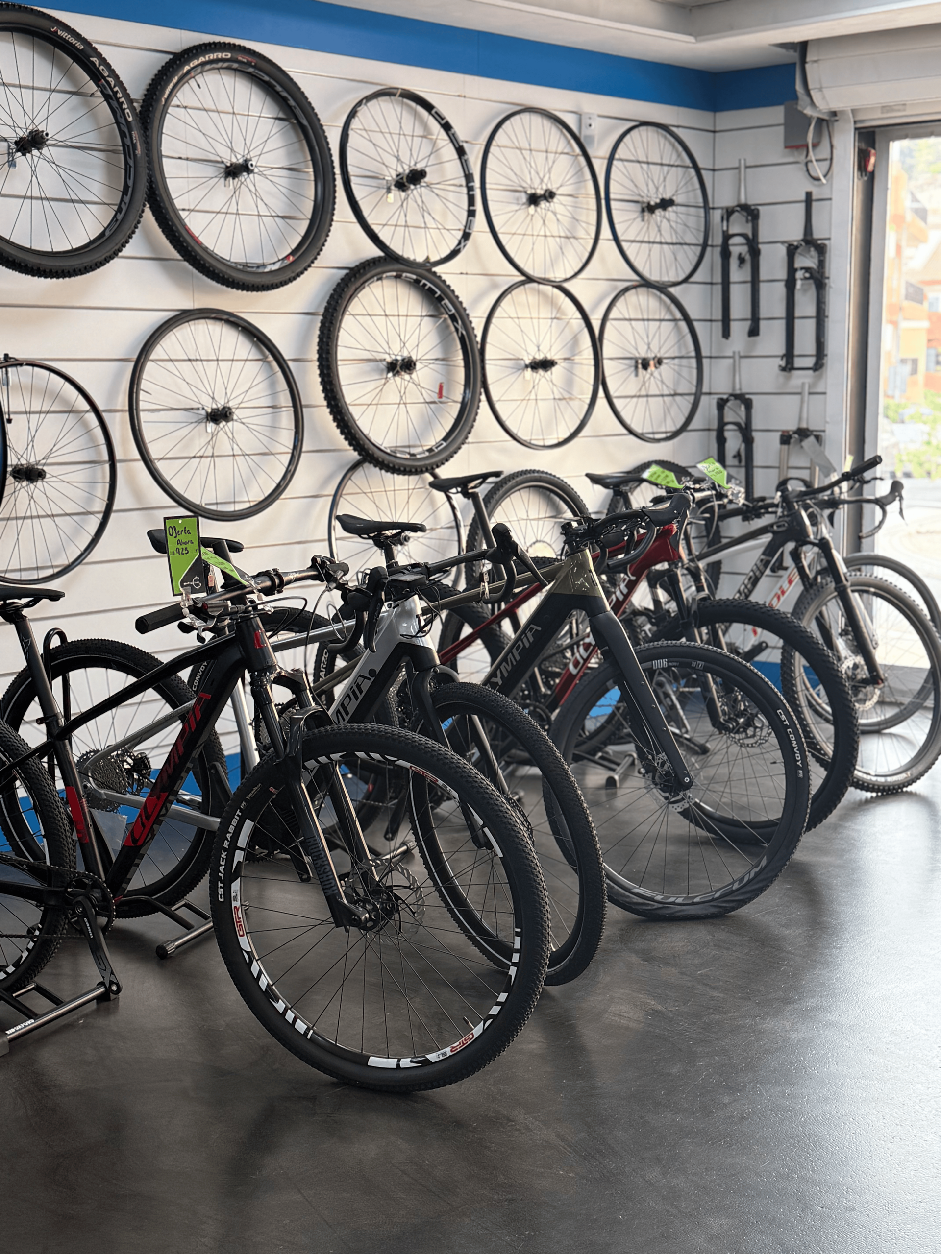 Bicicletas apiladas en una tienda de bicicletas o trastero, con varias ruedas montadas en la pared.