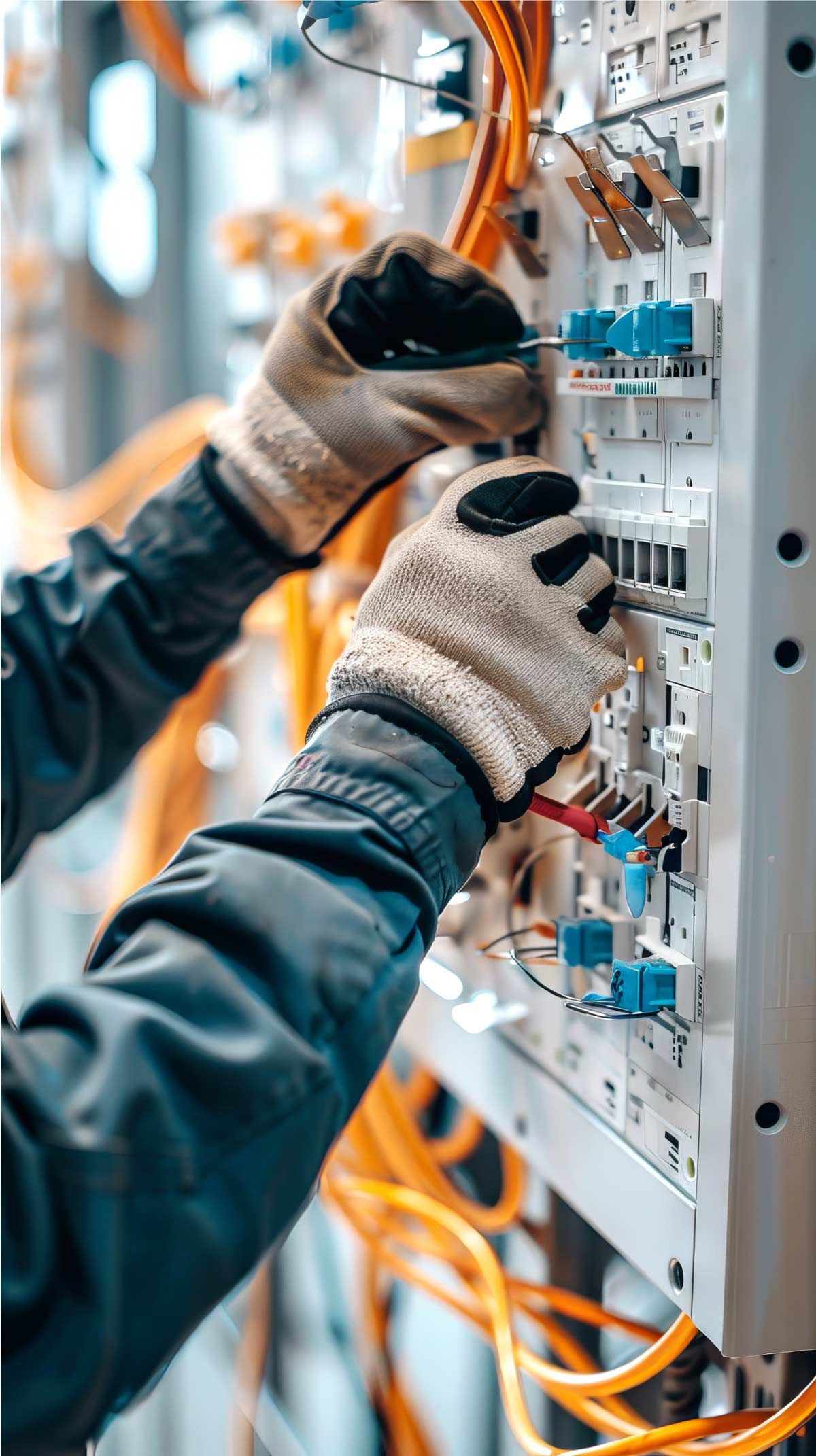 Manos en guantes de trabajo ajustando cables en una sala de servidores.
