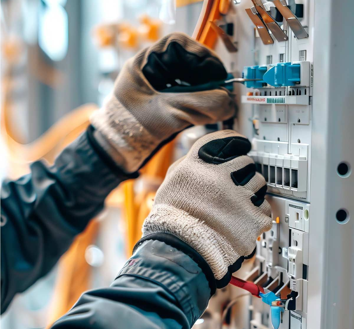 Electricista trabajando en un panel eléctrico, usando guantes.