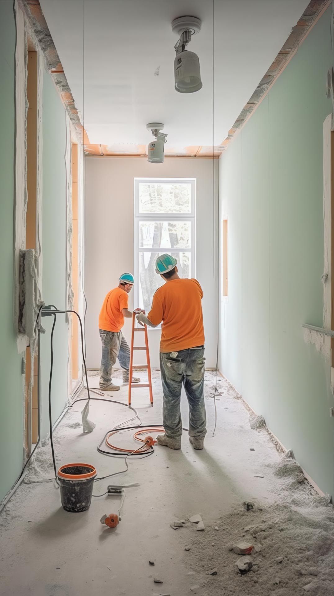 Dos trabajadores de la construcción en un pasillo sin terminar, uno en una escalera, instalando accesorios eléctricos.