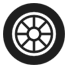 Icono de rueda en blanco y negro con un grueso anillo exterior y radios.