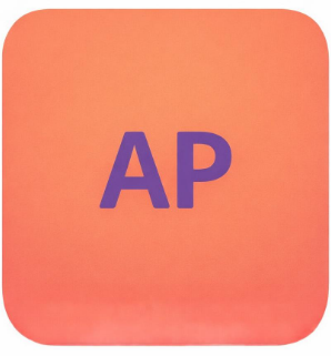 Ein quadratisches Symbol mit korallenorangefarbenem Hintergrund, in dessen Mitte die violetten Buchstaben „AP“ zentriert sind.