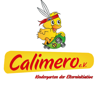 Logo für den Kindergarten Calimero e.V., mit einem gelben Cartoon-Küken mit Stirnband auf einem Skateboard über rotem Text.