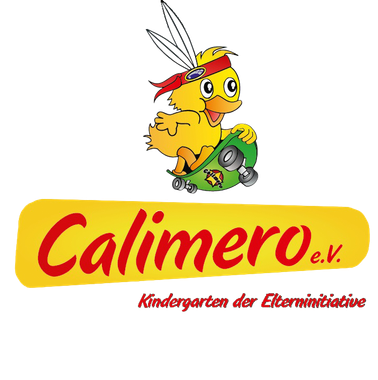 Logo für den Kindergarten Calimero e.V., mit einem gelben Cartoon-Küken mit Stirnband auf einem Skateboard über rotem Text.