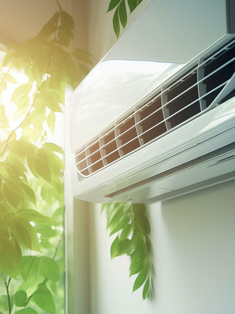 Un climatiseur avec des feuilles autour