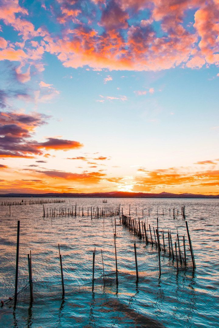 Atardecer sobre un cuerpo de agua tranquilo, con postes de madera que crean un sendero. El cielo es una mezcla de naranja, rosa y azul.