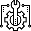 Icono de engranaje y llave inglesa con circuitos, que representa el mantenimiento del sistema.