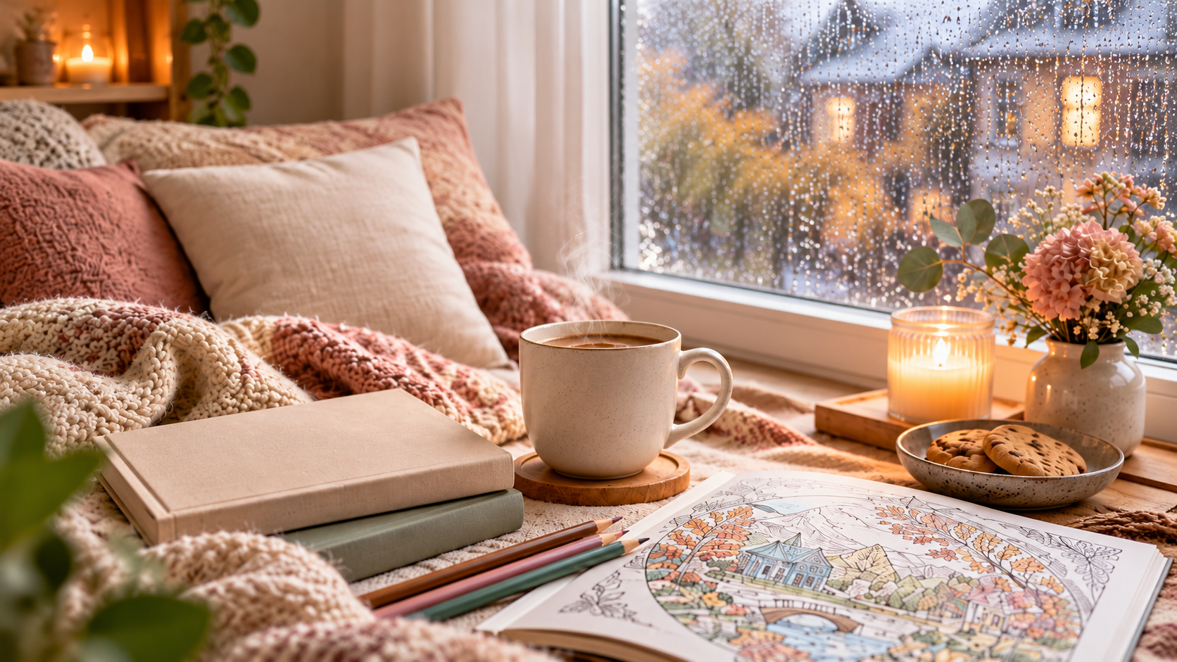Cozy rainy day at home with a warm drink, books and coloring pages beside a rain-covered window.