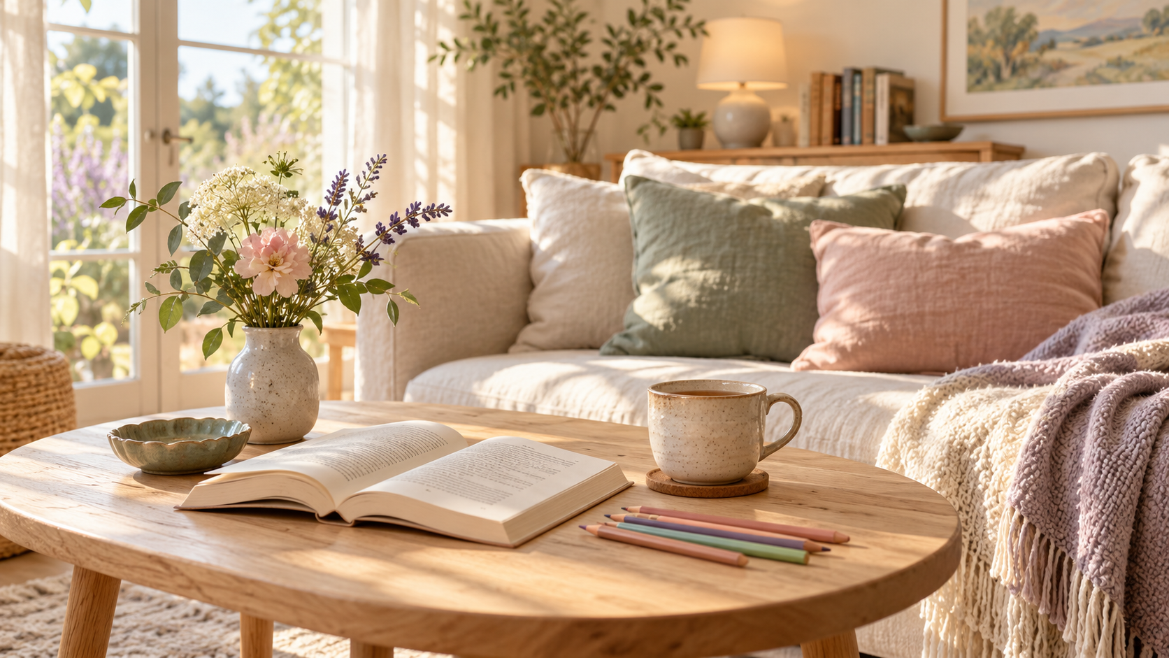 Cozy screen-free afternoon with an open book, colored pencils and a cup of tea on a wooden table in 
