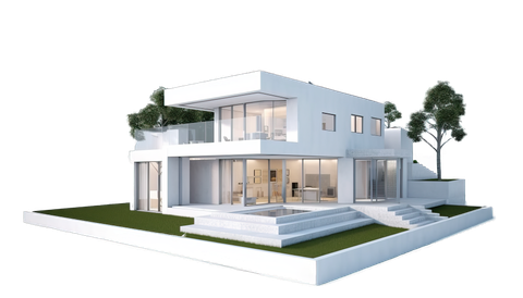 Maison moderne blanche de deux étages avec de grandes fenêtres et une petite piscine.