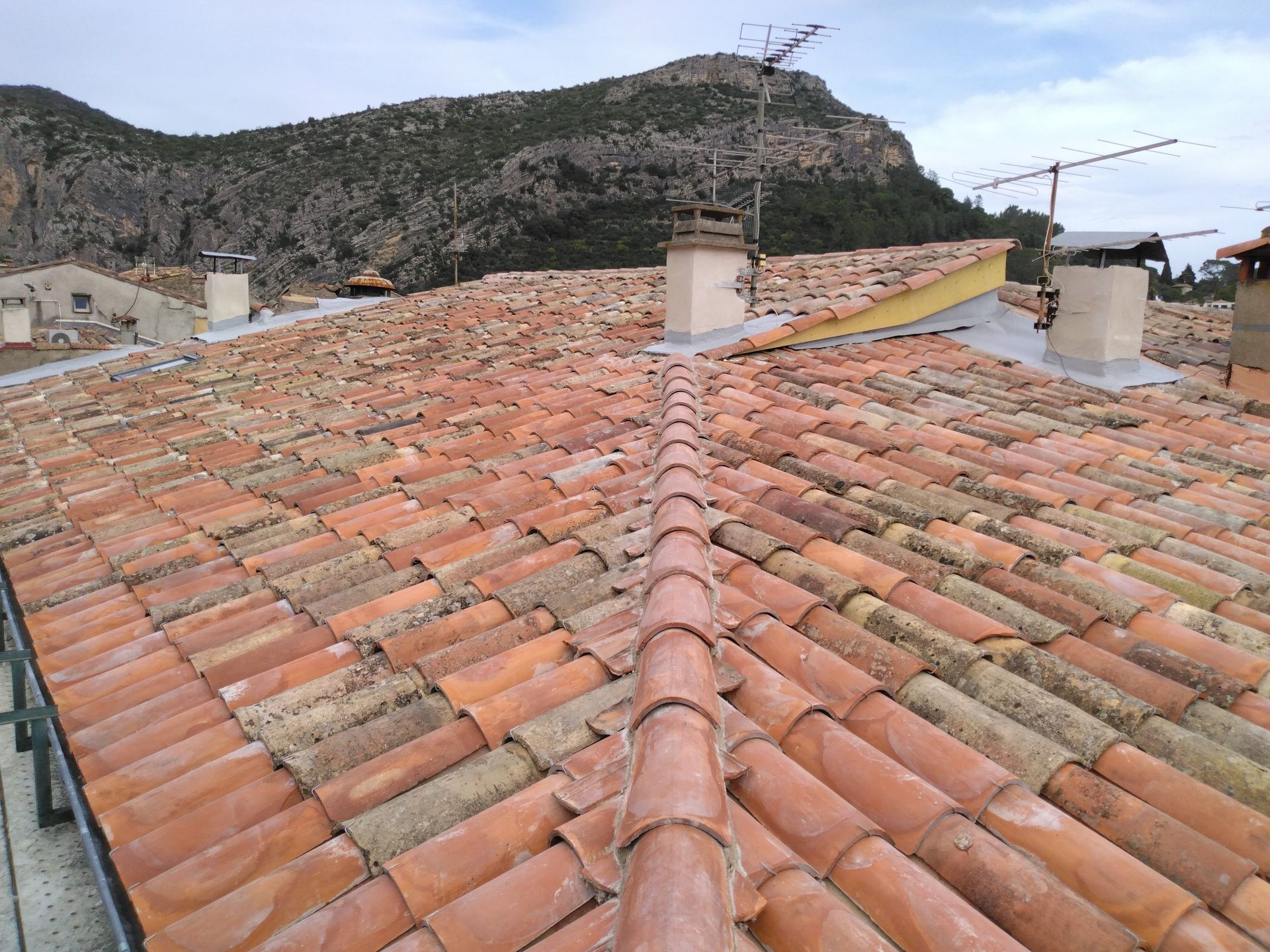 Faîtage d'une couverture en tuiles en terre cuite.