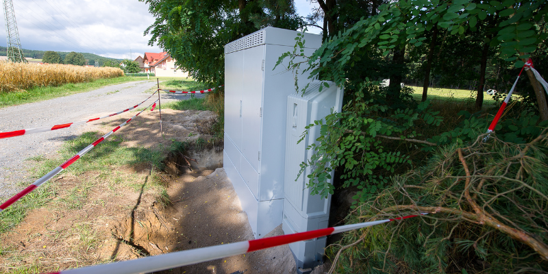Une boîte blanche est posée sur le bord d'une route à côté d'un arbre.
