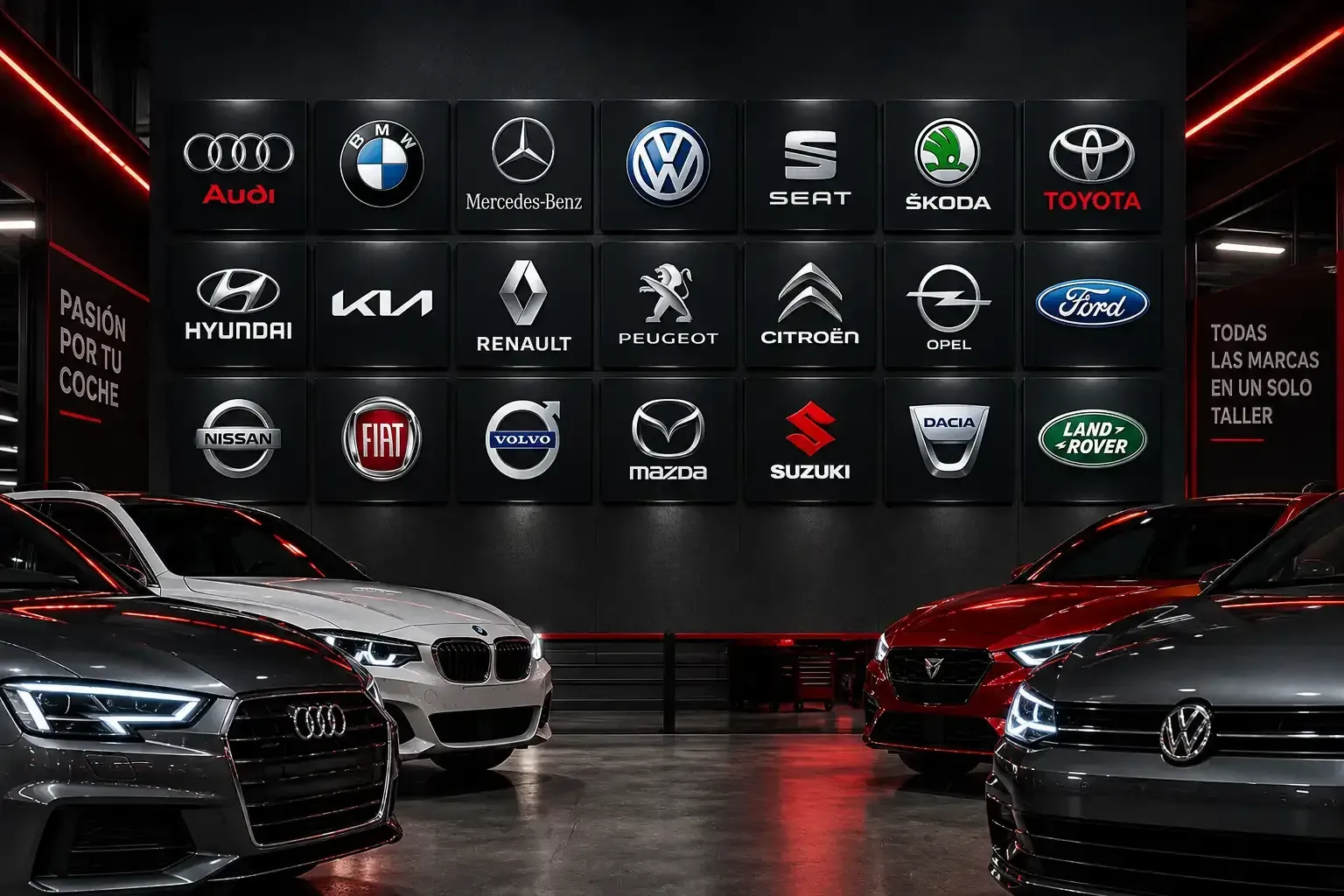 Sala de exposición de coches de lujo con múltiples logotipos de marcas en una pared y tres coches expuestos en la fachada.