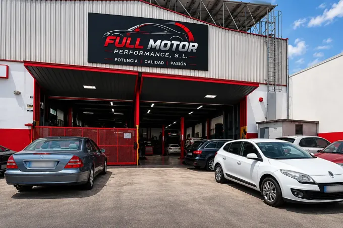 Exterior de un taller mecánico con dos coches aparcados, fachada roja y blanca y letrero de “FULL MOTOR”.