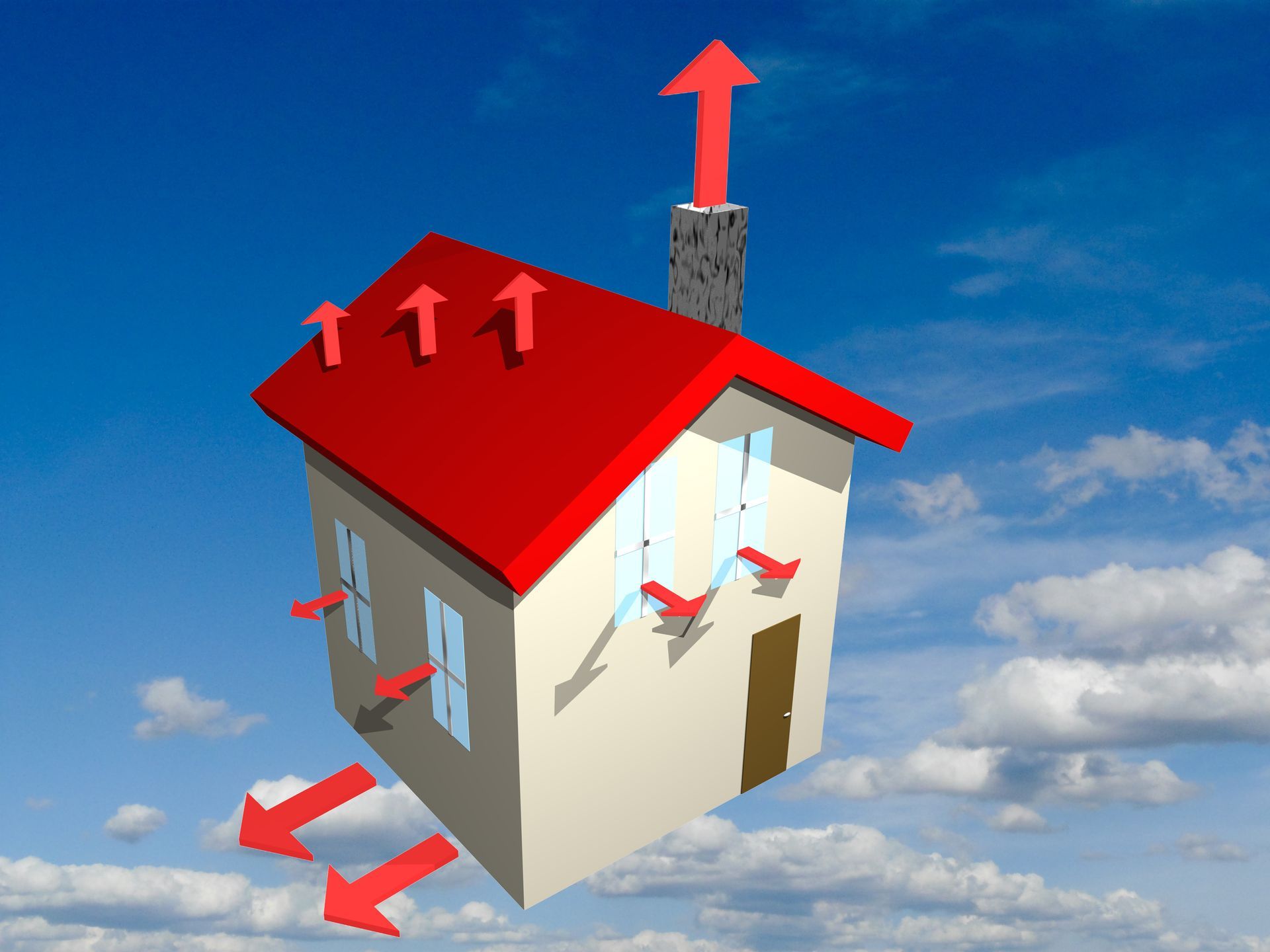 Schéma d'une maison avec des flèches indiquant le flux d'air, montant du toit et de la cheminée et sortant par les fenêtres et les fondations.