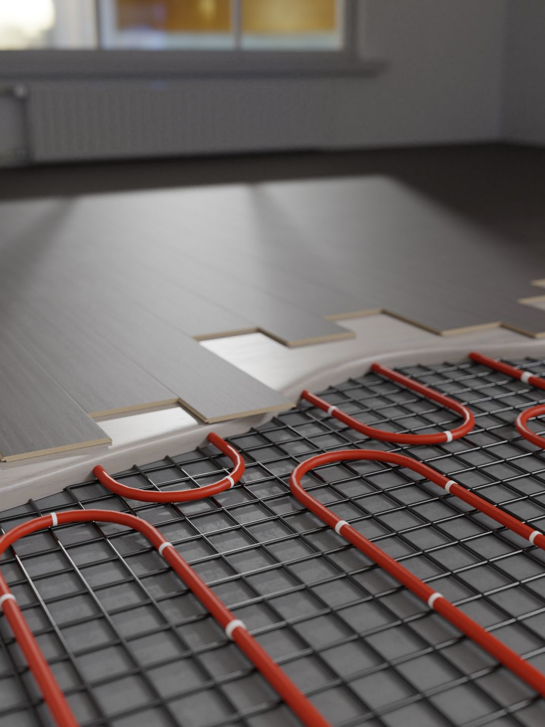 Installation d'un chauffage au sol, montrant des tubes rouges disposés sur une grille, recouverts par le revêtement de sol et le sous-plancher.