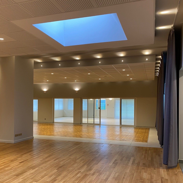 Grande pièce avec parquet, éclairage encastré et puits de lumière. De grandes fenêtres donnent sur une autre pièce.