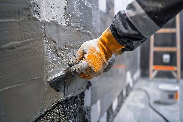 Handwerker trägt Izonil Abdichtungsputz auf eine Wand auf.