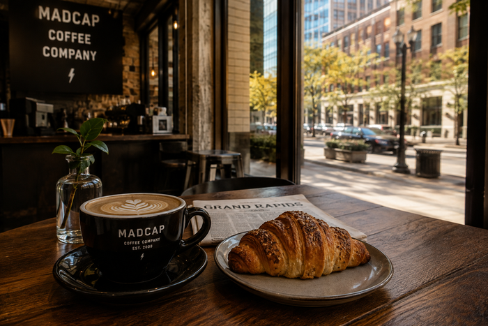 Coffee and croissant at a downtown Grand Rapids coffee shop