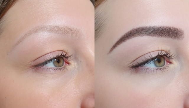 Primer plano del antes y el después de un aumento de cejas