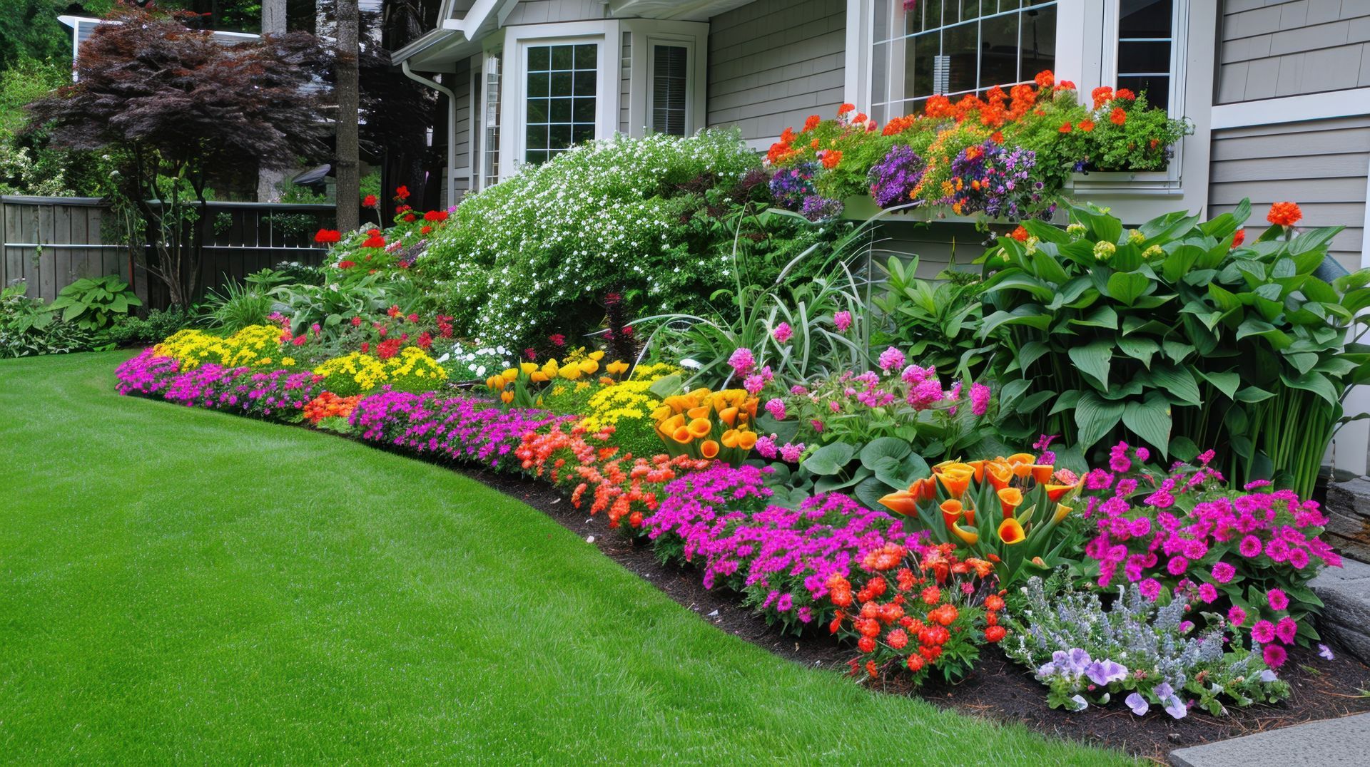 Un parterre de fleurs éclatant, aux teintes roses, jaunes et orange, borde une pelouse verte devant une maison grise.