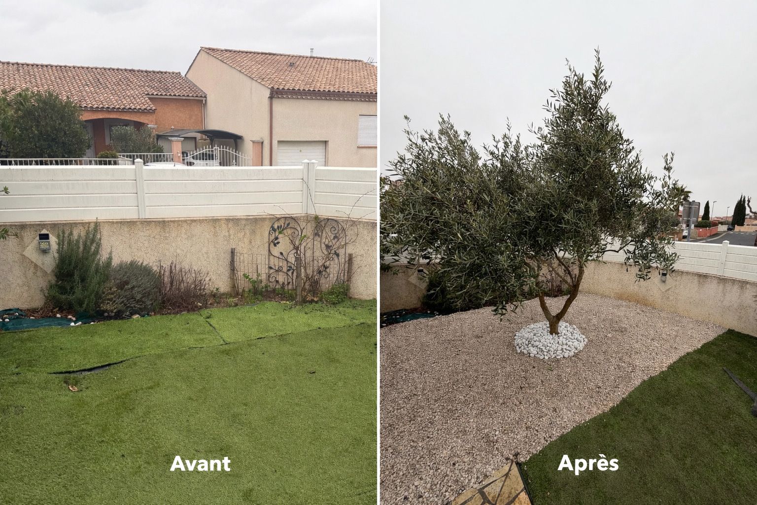 Une personne vêtue d'un pantalon rouge marche le long d'une pelouse verdoyante et luxuriante, bordée de parterres de gravier où poussent de petites plantes, près d'une clôture et d'un bâtiment.
