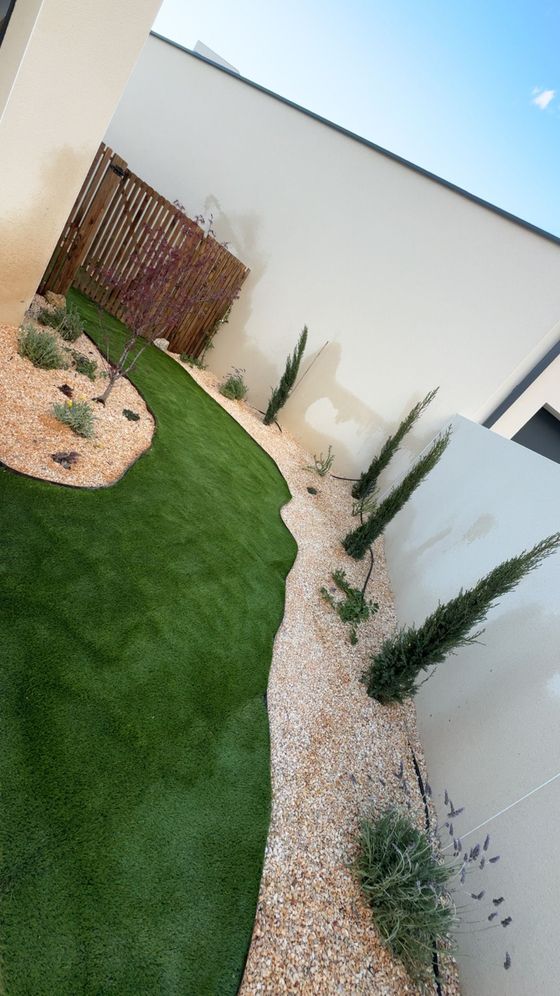 Un jardin paysager avec une pelouse verte incurvée bordant un chemin de gravier, agrémenté de petits arbres plantés contre un mur blanc.