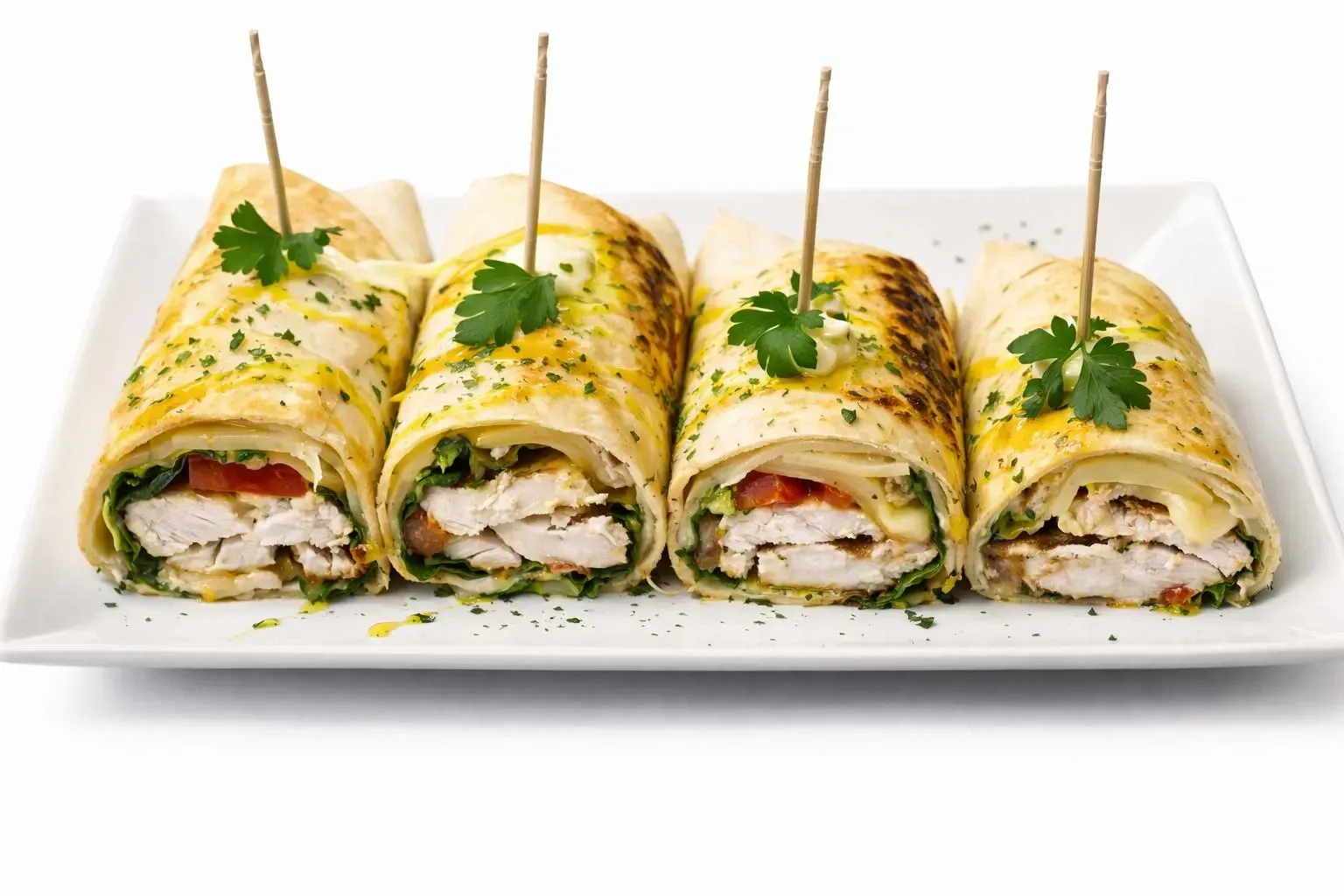 Cuatro wraps de pollo dispuestos en fila