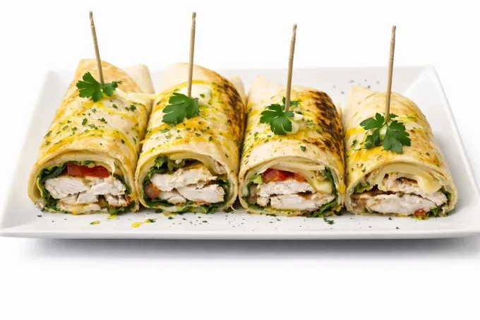 Cuatro wraps de pollo dispuestos en fila
