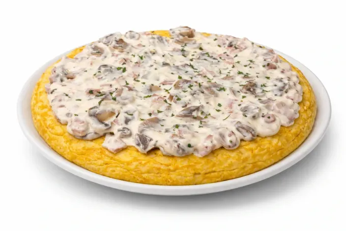 Una tortilla española redonda, dorada y cubierta con una salsa blanca cremosa con champiñones, servida en un plato blanco.
