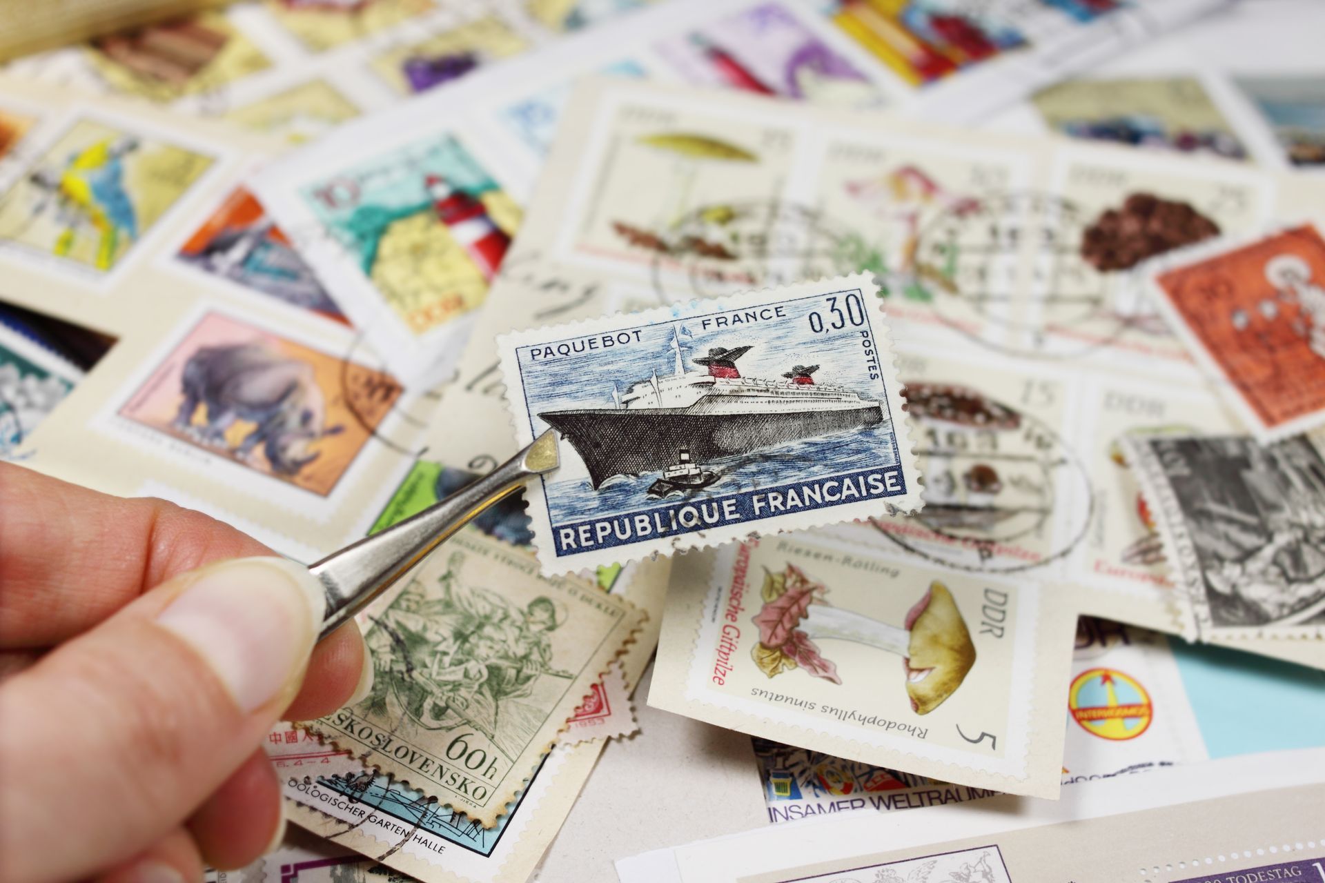 Des timbres dont l'un est saisi avec une pince