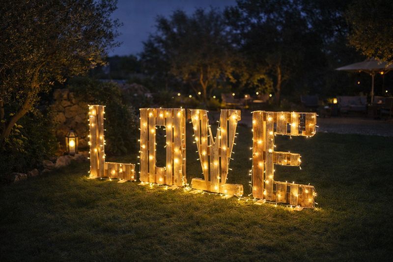 Große, beleuchtete Holzbuchstaben, die das Wort „LIEBE“ bilden, sind in der Abenddämmerung auf einer Rasenfläche zu sehen.